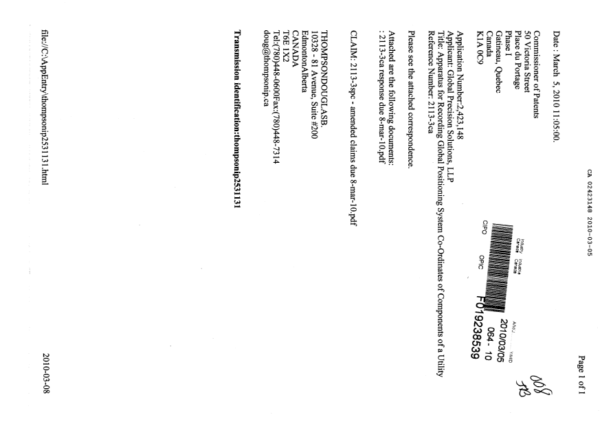 Document de brevet canadien 2423148. Poursuite-Amendment 20100305. Image 1 de 7