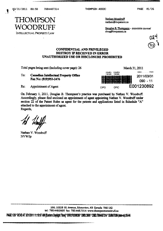 Document de brevet canadien 2423148. Correspondance 20110331. Image 1 de 3
