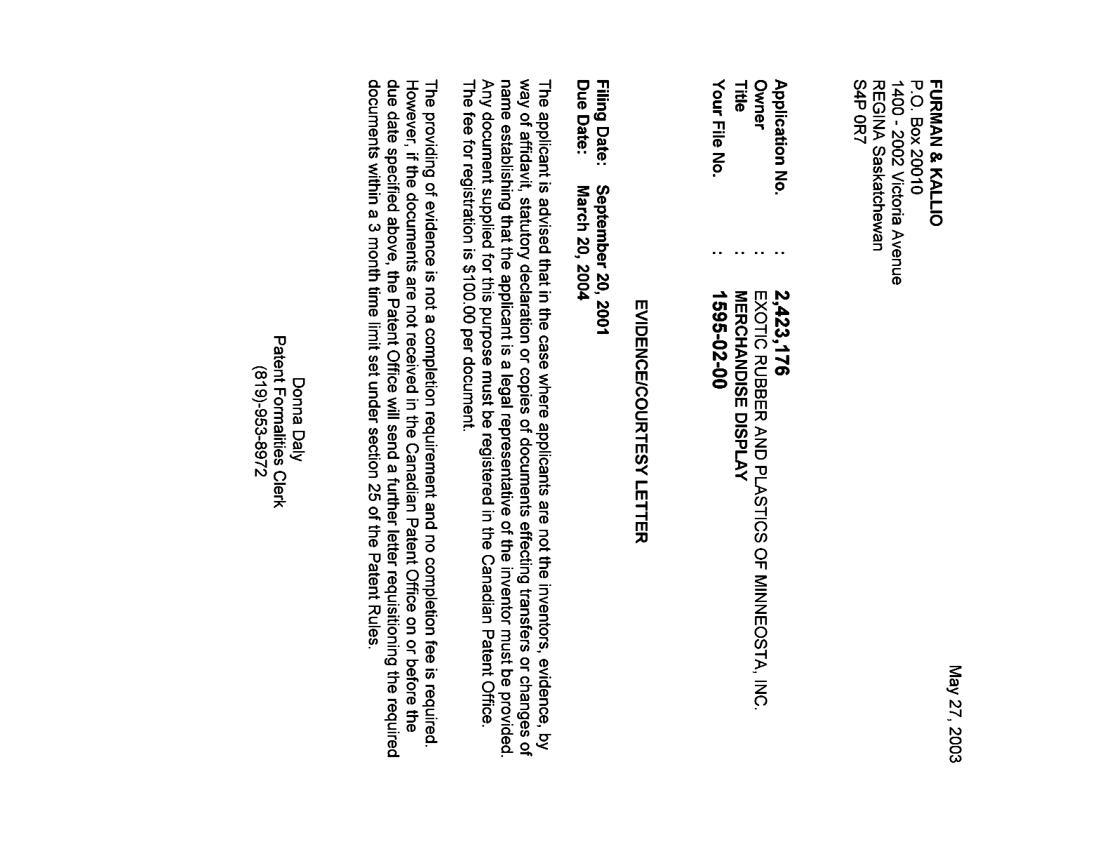 Canadian Patent Document 2423176. Correspondence 20030521. Image 1 of 1