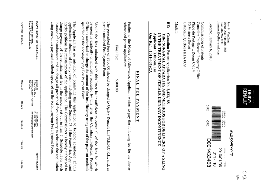 Document de brevet canadien 2423188. Correspondance 20100106. Image 1 de 2