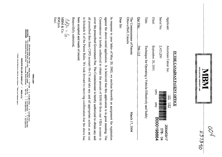 Document de brevet canadien 2423200. Cession 20040317. Image 1 de 3