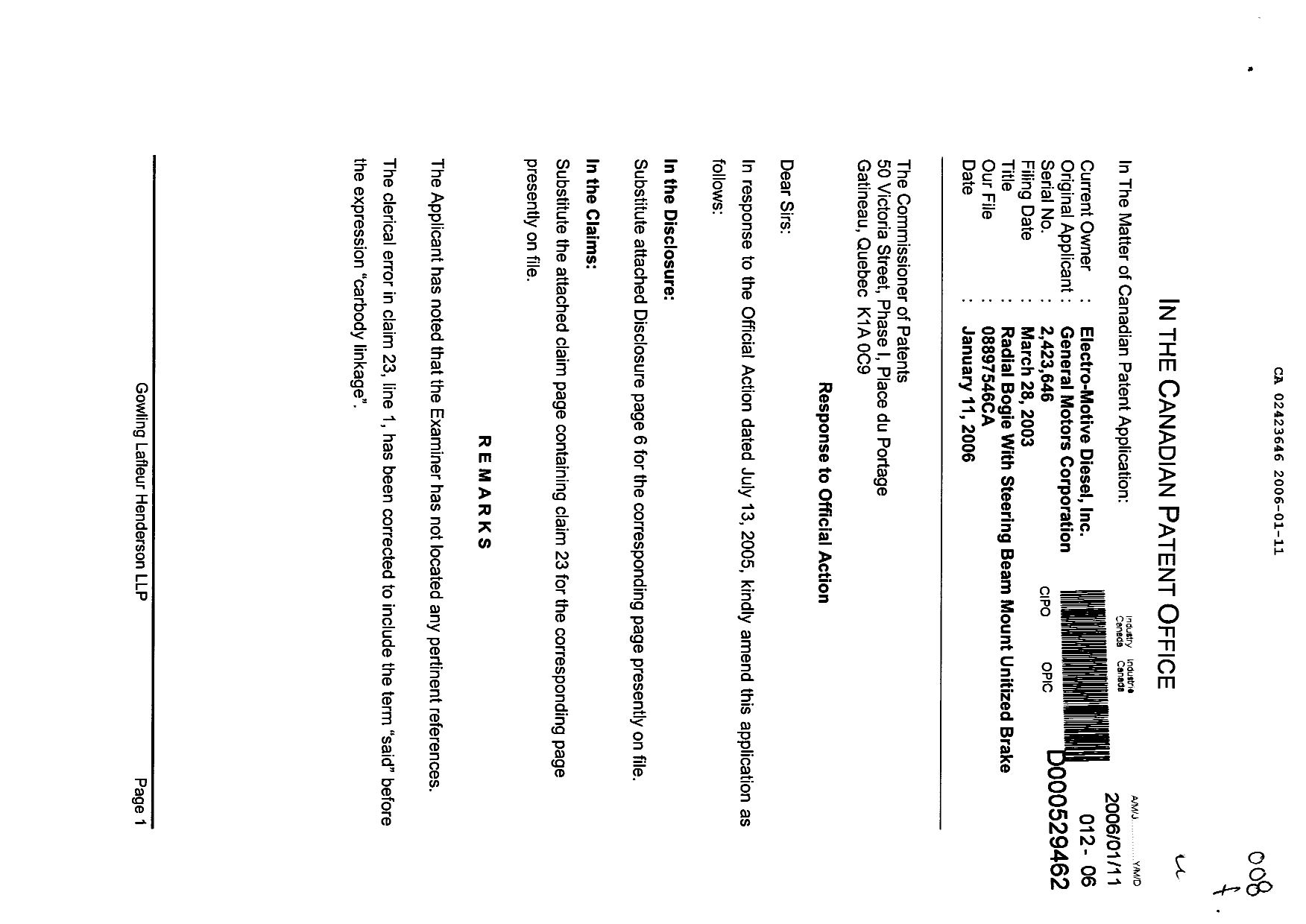 Canadian Patent Document 2423646. Prosecution-Amendment 20060111. Image 1 of 4