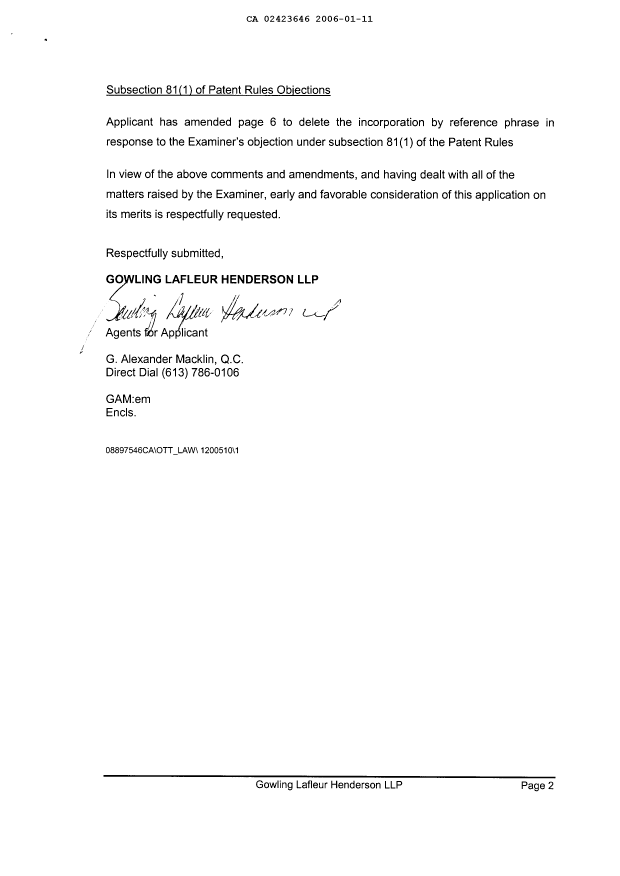 Document de brevet canadien 2423646. Poursuite-Amendment 20060111. Image 2 de 4