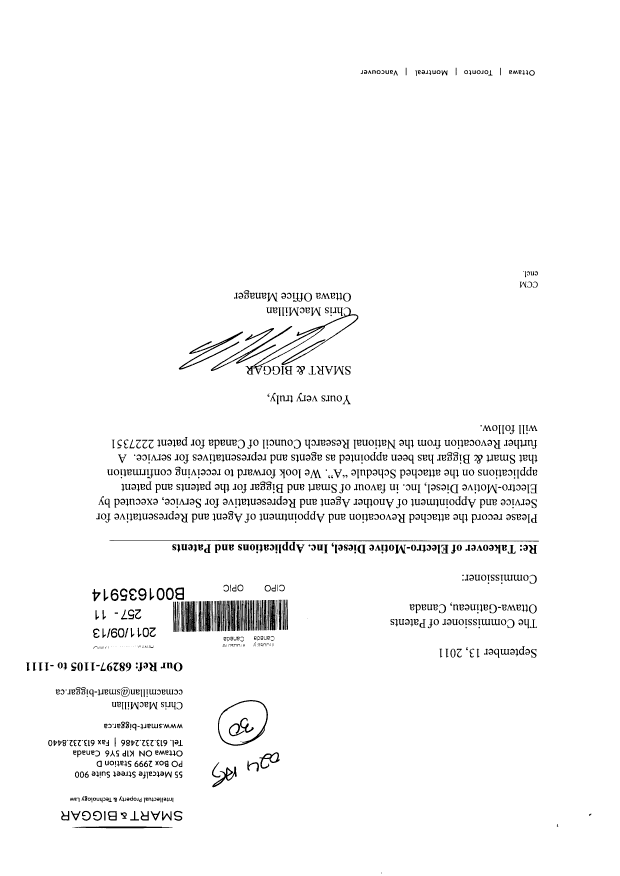 Canadian Patent Document 2423646. Correspondence 20110913. Image 1 of 3
