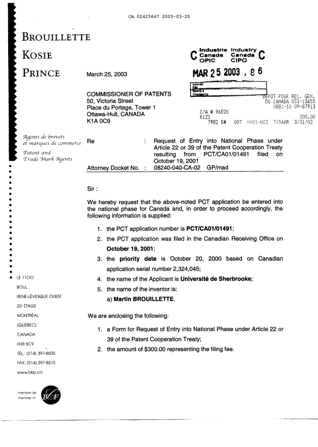 Document de brevet canadien 2423647. Cession 20030325. Image 1 de 4