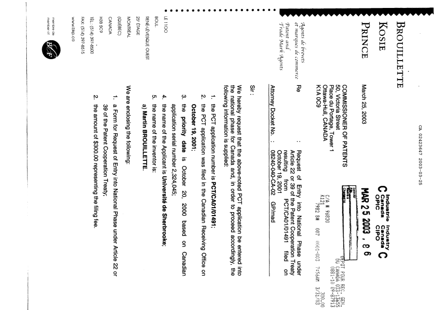 Document de brevet canadien 2423647. Cession 20030325. Image 1 de 4