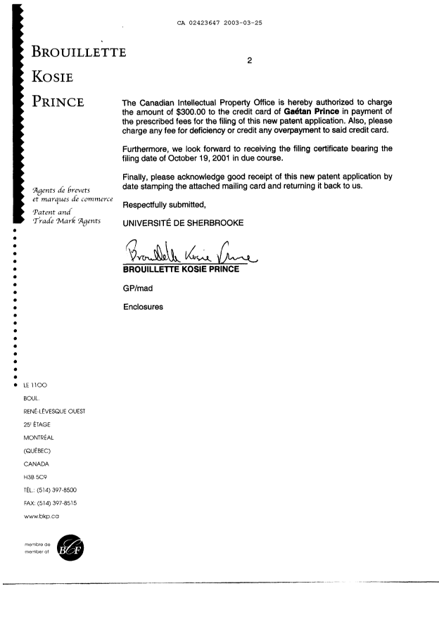Document de brevet canadien 2423647. Cession 20030325. Image 2 de 4