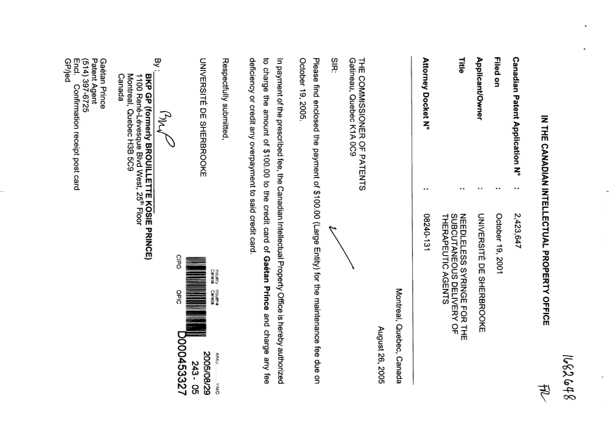 Document de brevet canadien 2423647. Taxes 20050829. Image 1 de 1