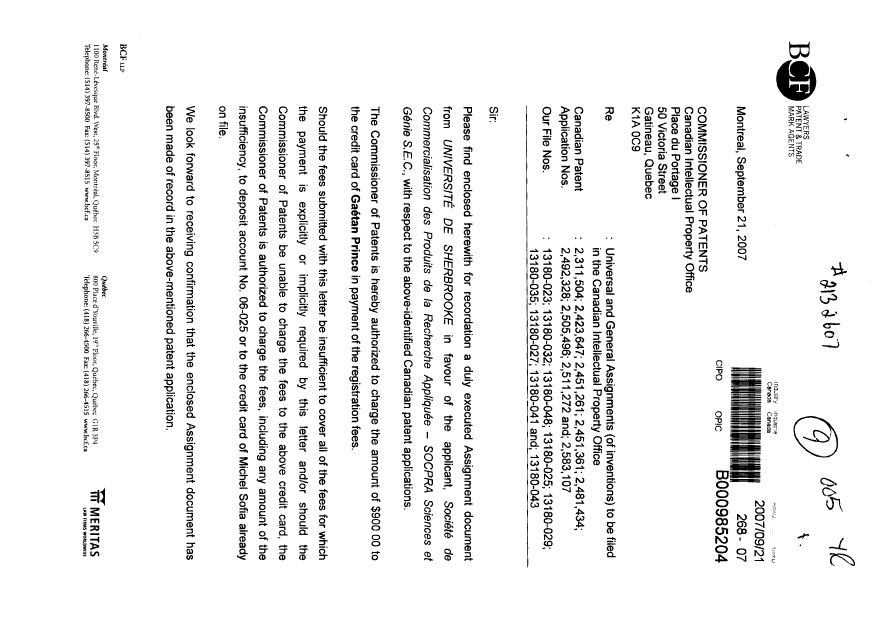 Document de brevet canadien 2423647. Cession 20070921. Image 1 de 8