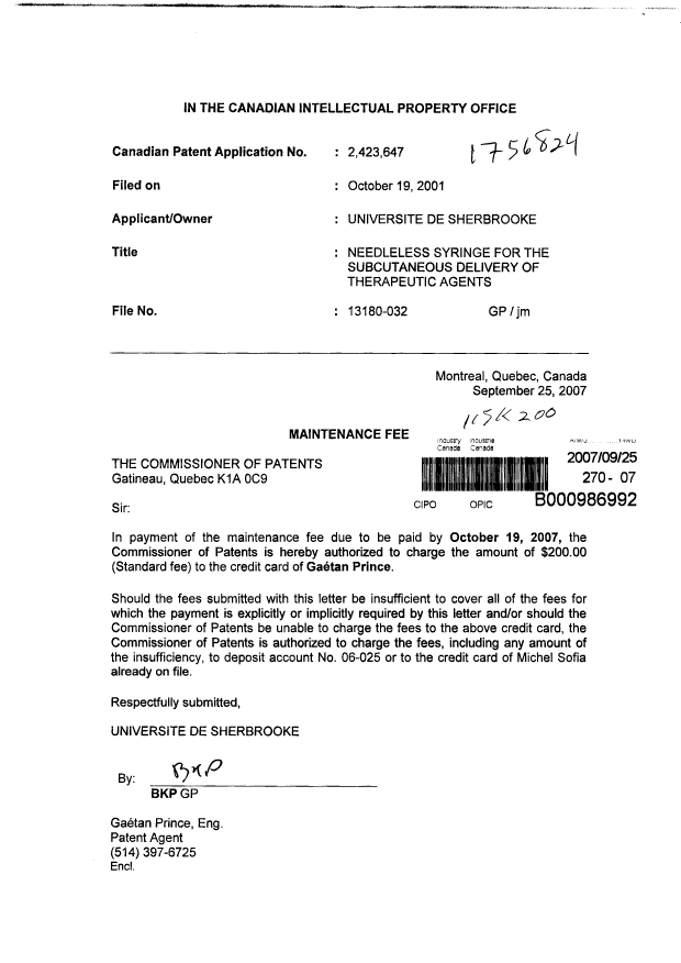 Document de brevet canadien 2423647. Taxes 20070925. Image 1 de 1