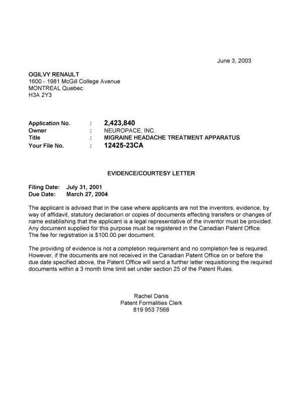 Document de brevet canadien 2423840. Correspondance 20030529. Image 1 de 1