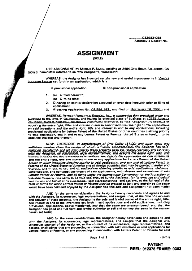 Canadian Patent Document 2423974. Assignment 20030725. Image 4 of 5