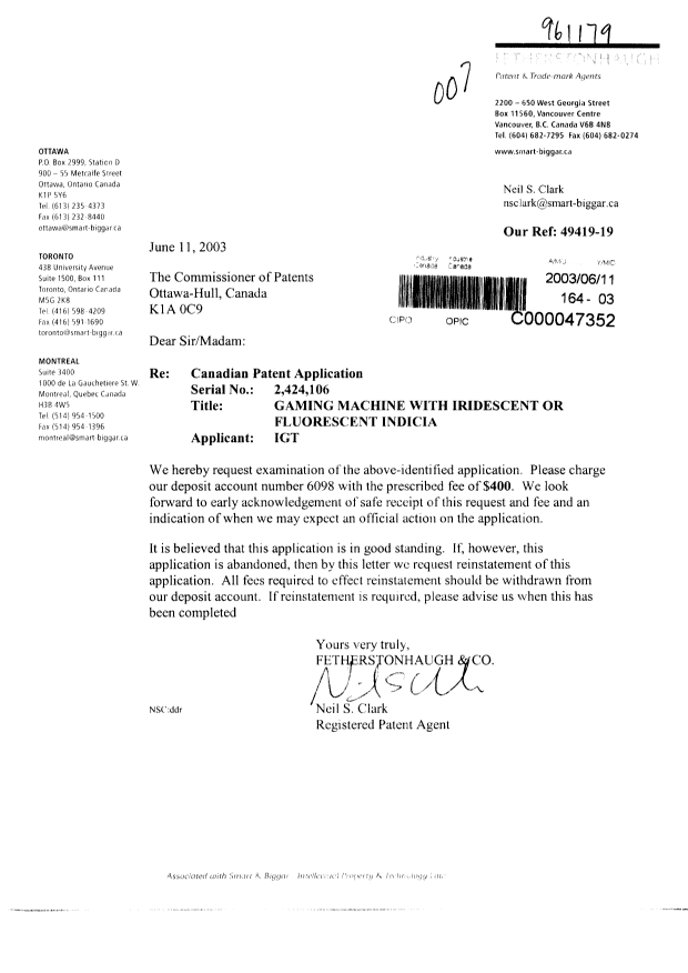 Document de brevet canadien 2424106. Poursuite-Amendment 20030611. Image 1 de 1