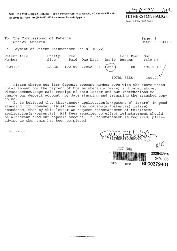 Document de brevet canadien 2424106. Taxes 20050216. Image 1 de 1
