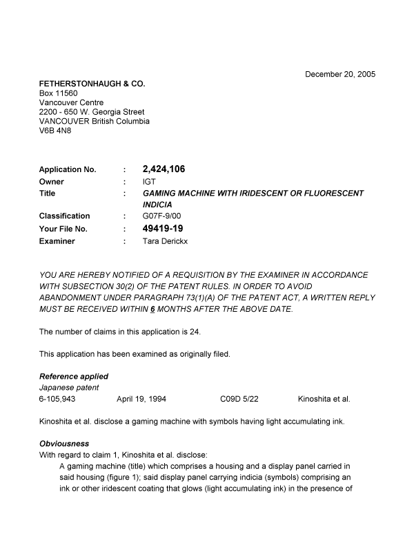 Canadian Patent Document 2424106. Prosecution-Amendment 20051220. Image 1 of 2