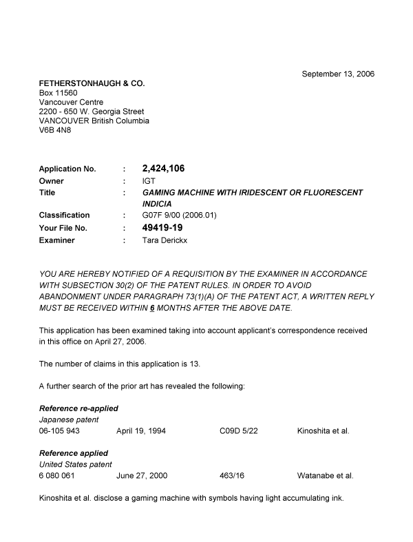 Document de brevet canadien 2424106. Poursuite-Amendment 20060913. Image 1 de 3