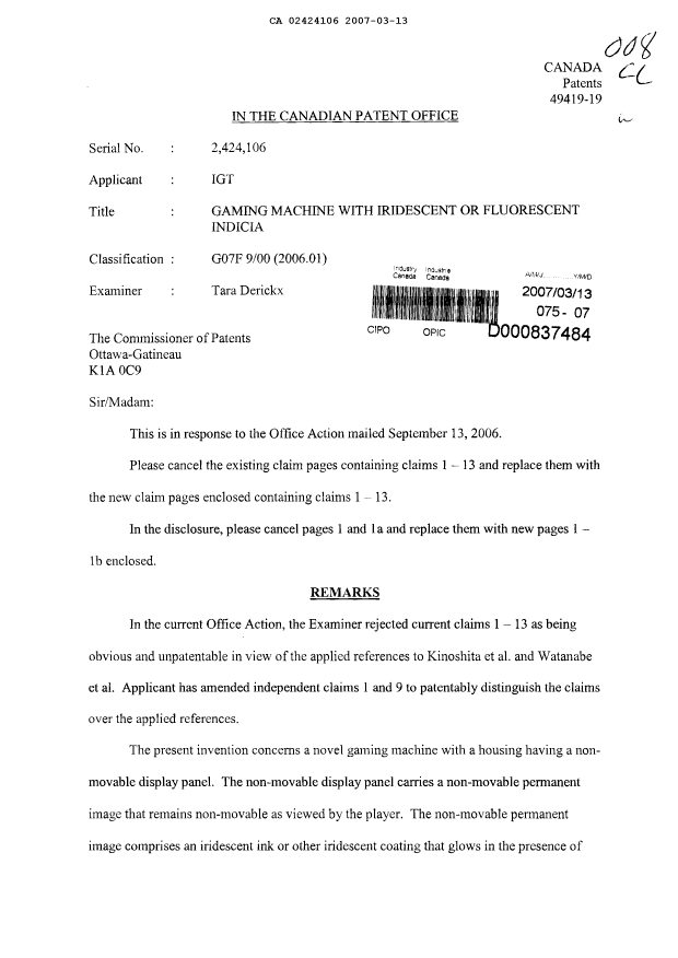 Document de brevet canadien 2424106. Poursuite-Amendment 20070313. Image 1 de 9