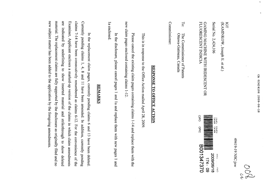 Canadian Patent Document 2424106. Prosecution-Amendment 20090618. Image 1 of 15