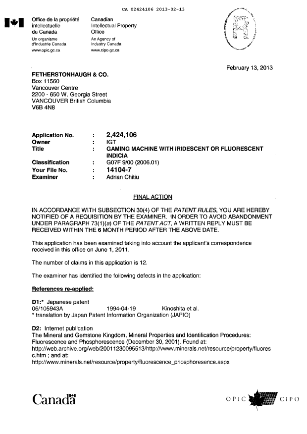 Document de brevet canadien 2424106. Poursuite-Amendment 20130213. Image 1 de 5