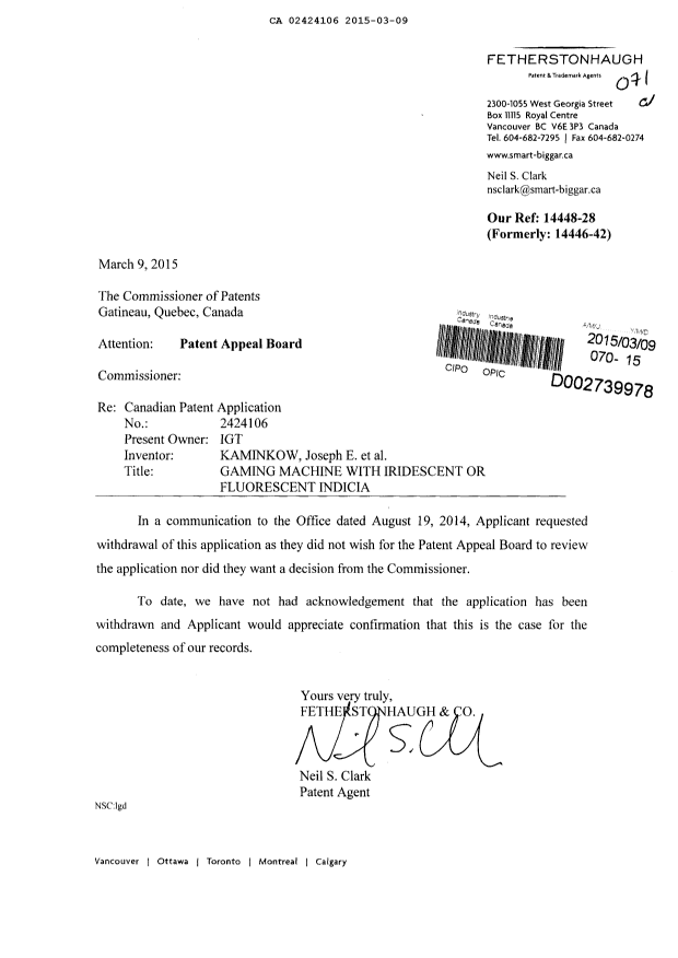 Document de brevet canadien 2424106. Poursuite-Amendment 20150309. Image 1 de 1