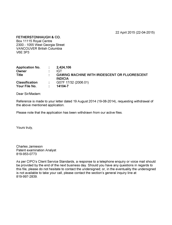 Document de brevet canadien 2424106. Correspondance 20150422. Image 1 de 1