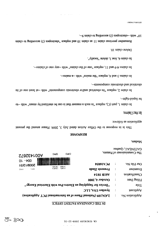 Canadian Patent Document 2424109. Prosecution-Amendment 20091231. Image 1 of 7