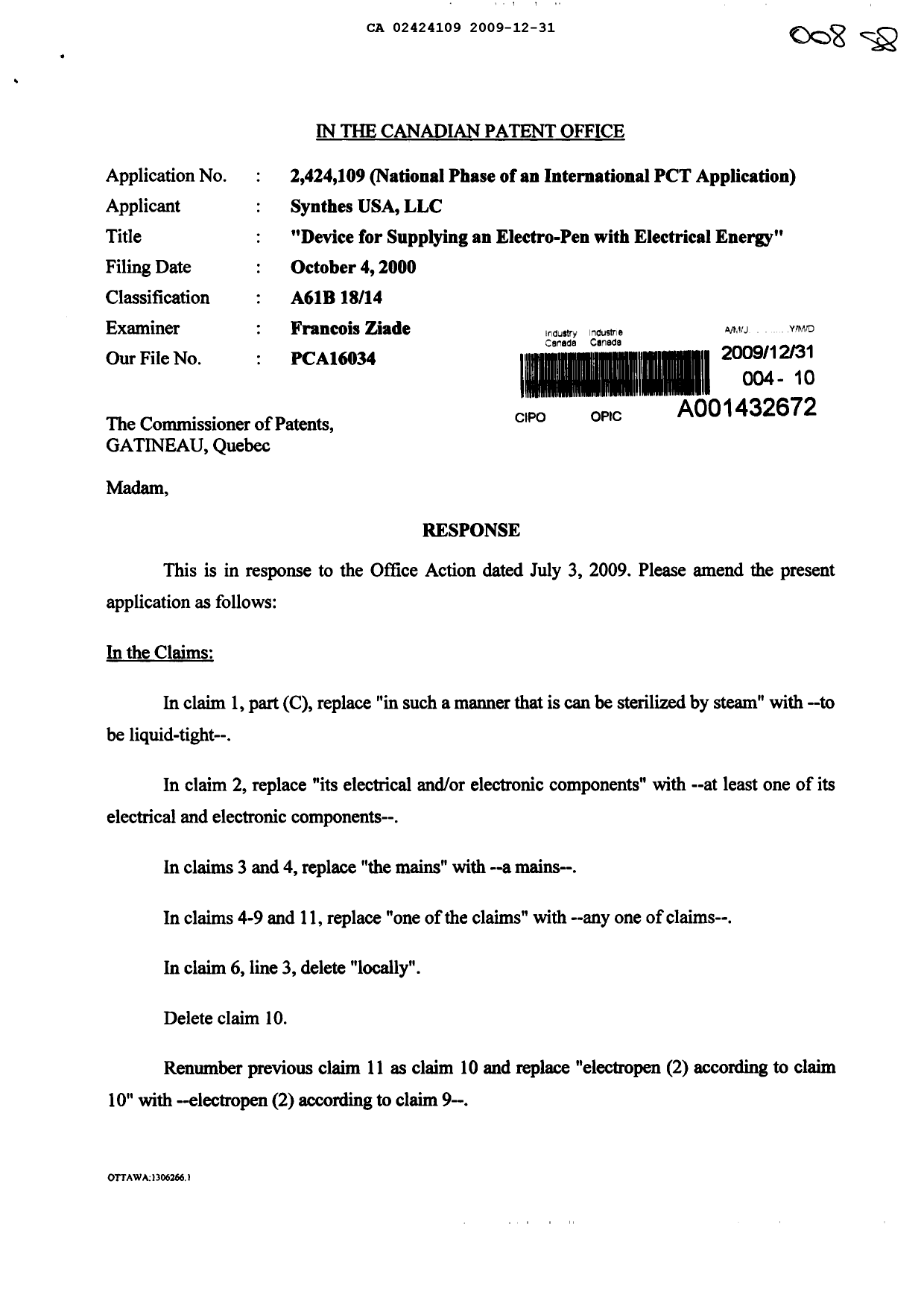 Document de brevet canadien 2424109. Poursuite-Amendment 20091231. Image 1 de 7