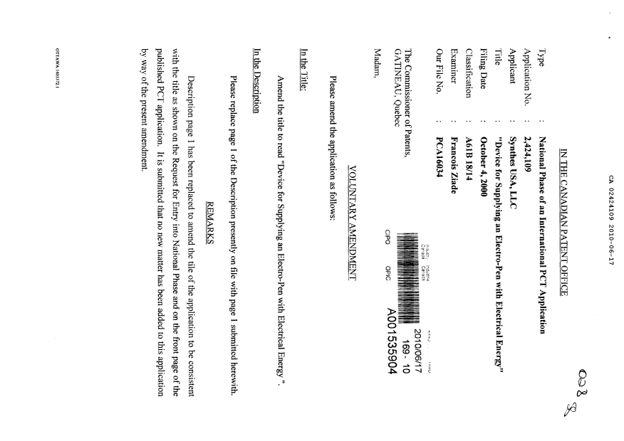 Document de brevet canadien 2424109. Correspondance 20100617. Image 1 de 3