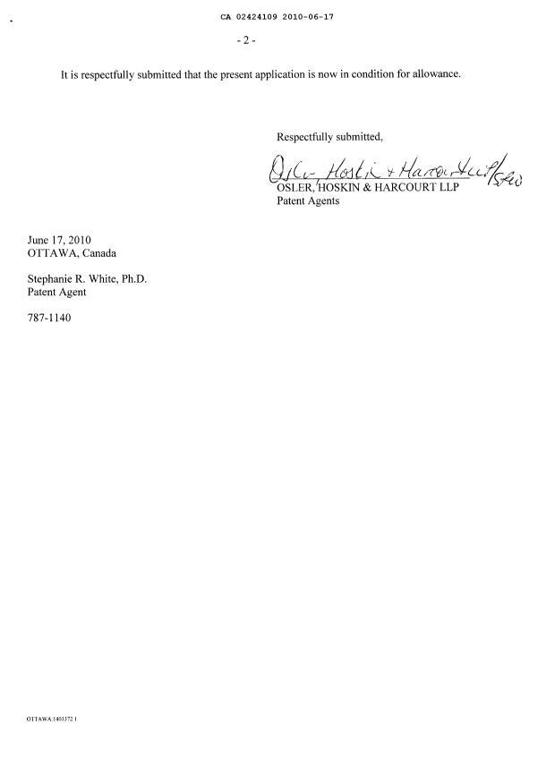 Document de brevet canadien 2424109. Correspondance 20100617. Image 2 de 3