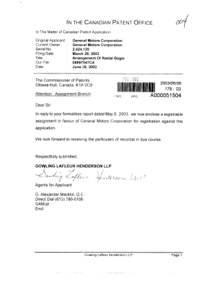 Document de brevet canadien 2424129. Cession 20030626. Image 1 de 5