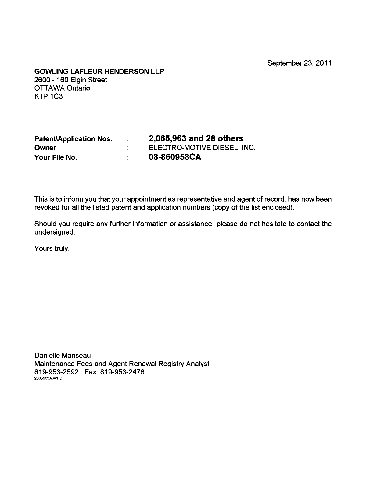Document de brevet canadien 2424129. Correspondance 20110923. Image 1 de 1