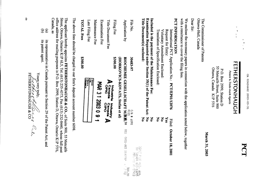 Document de brevet canadien 2424462. Cession 20030331. Image 1 de 2