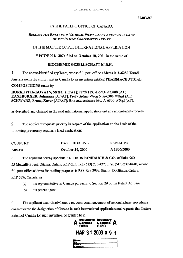 Document de brevet canadien 2424462. Cession 20030331. Image 2 de 2