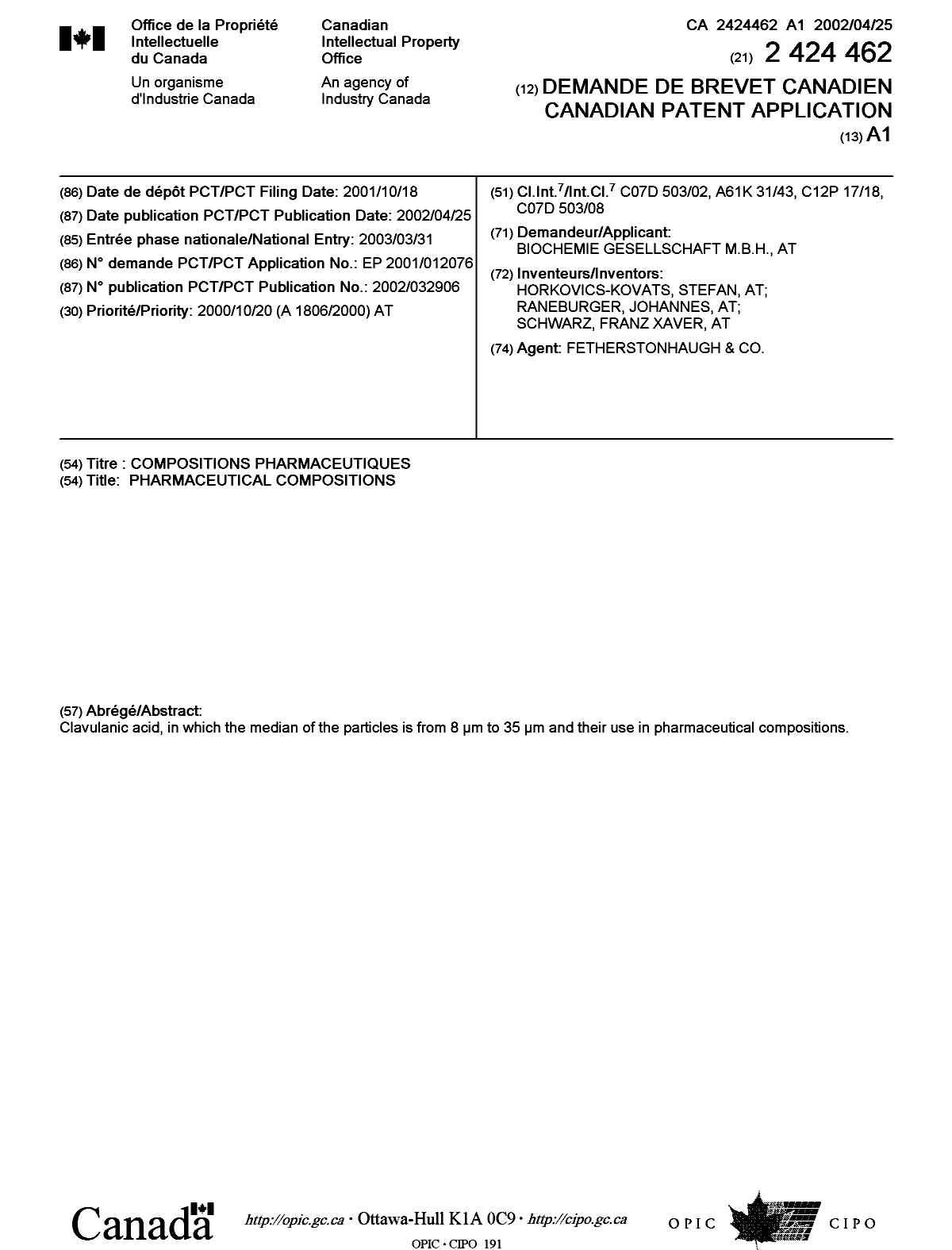 Document de brevet canadien 2424462. Page couverture 20030605. Image 1 de 1
