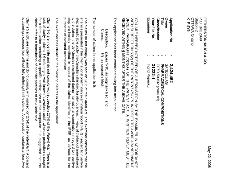 Document de brevet canadien 2424462. Poursuite-Amendment 20080522. Image 1 de 2