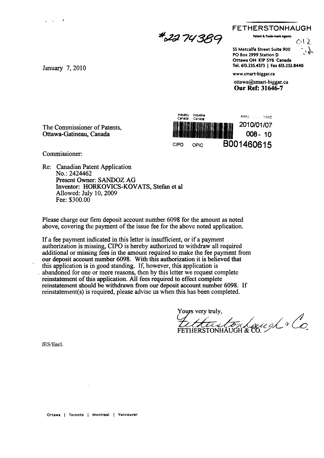 Document de brevet canadien 2424462. Correspondance 20100107. Image 1 de 1