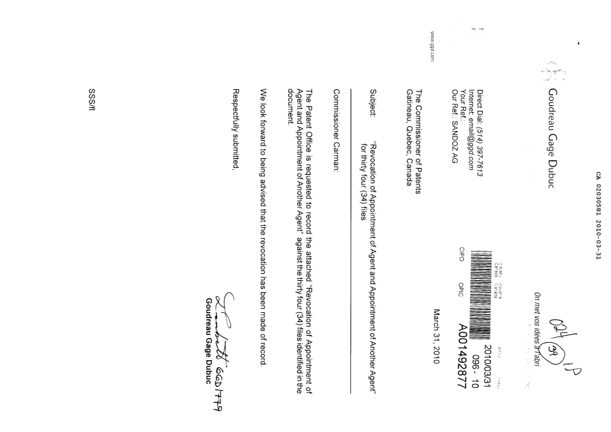 Document de brevet canadien 2424462. Correspondance 20100331. Image 1 de 4