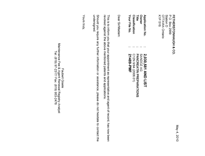 Document de brevet canadien 2424462. Correspondance 20100504. Image 1 de 1