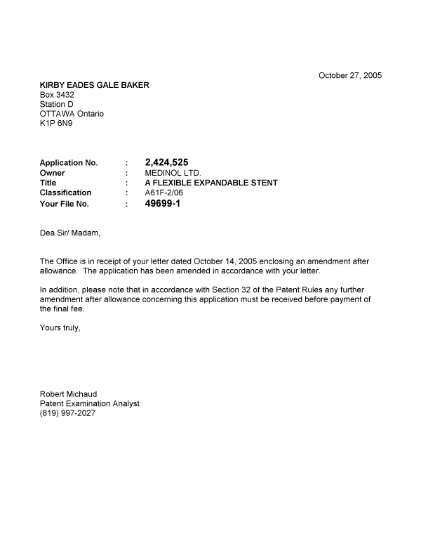 Document de brevet canadien 2424525. Poursuite-Amendment 20051027. Image 1 de 1