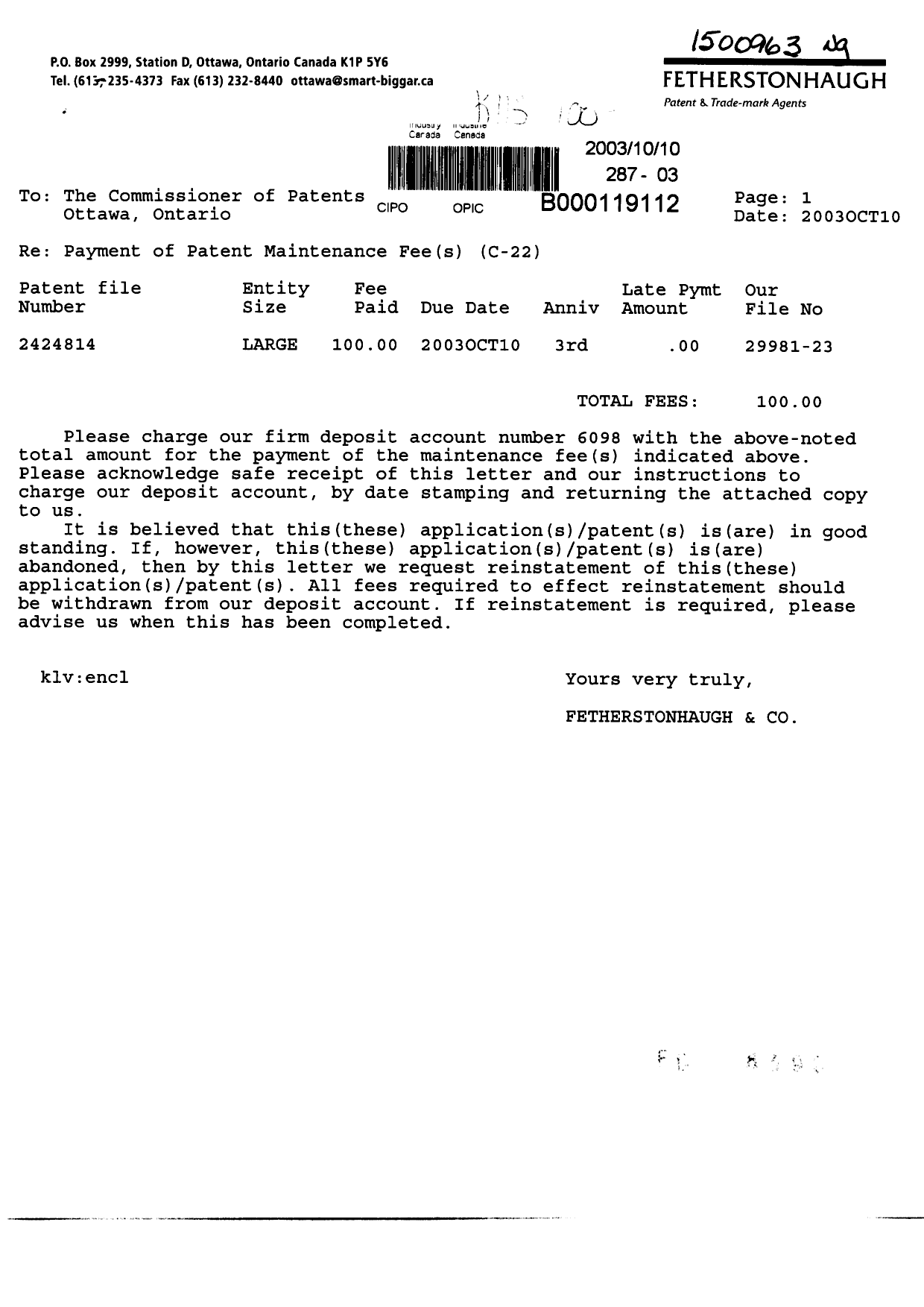 Document de brevet canadien 2424814. Taxes 20031010. Image 1 de 1