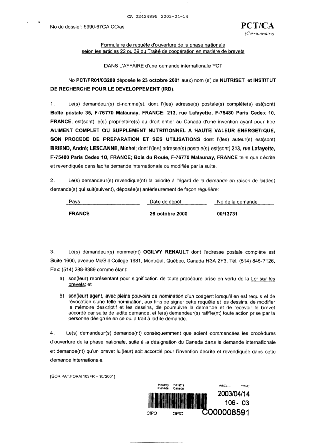 Document de brevet canadien 2424895. Cession 20030414. Image 3 de 3