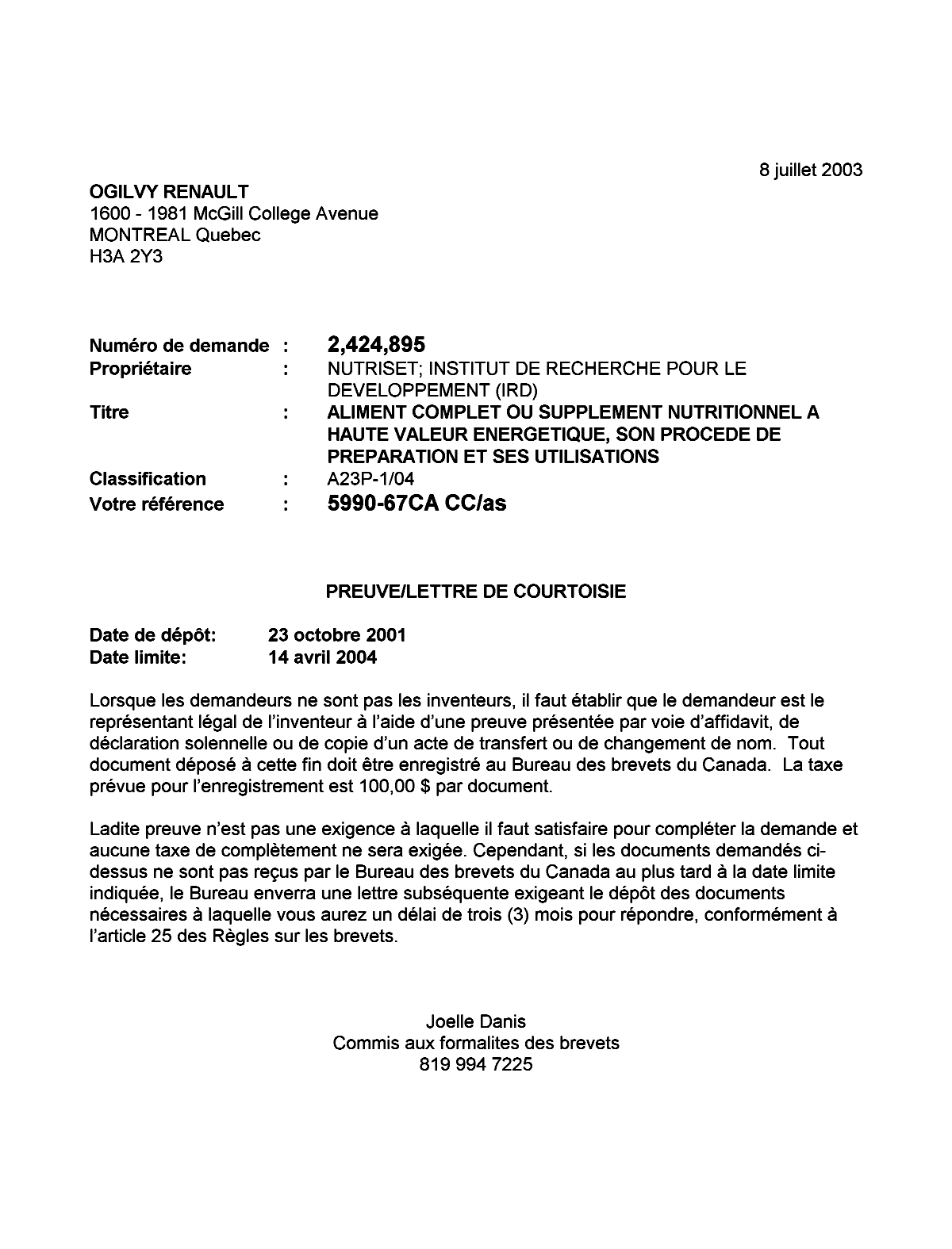 Document de brevet canadien 2424895. Correspondance 20030627. Image 1 de 1