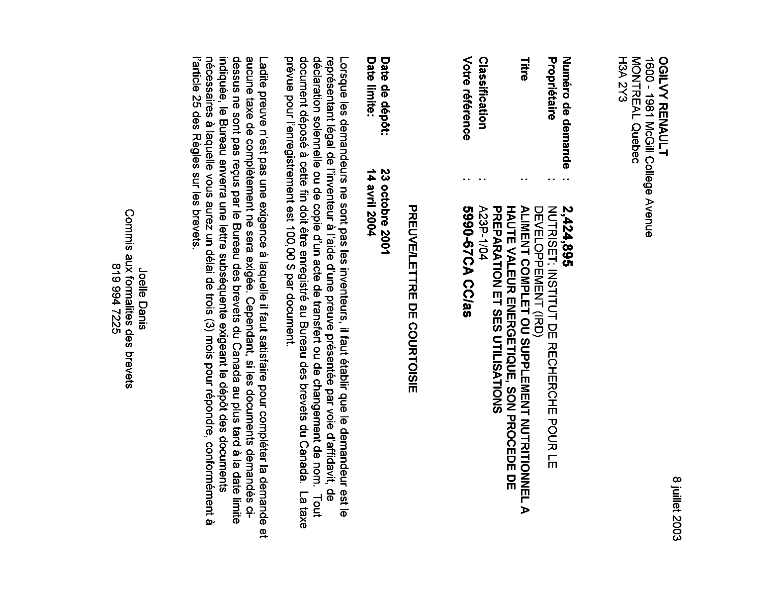 Canadian Patent Document 2424895. Correspondence 20030627. Image 1 of 1