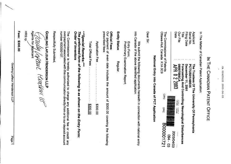 Document de brevet canadien 2425122. Cession 20030403. Image 1 de 3