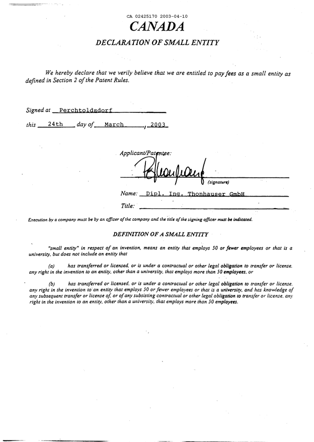 Document de brevet canadien 2425170. Cession 20030410. Image 4 de 4