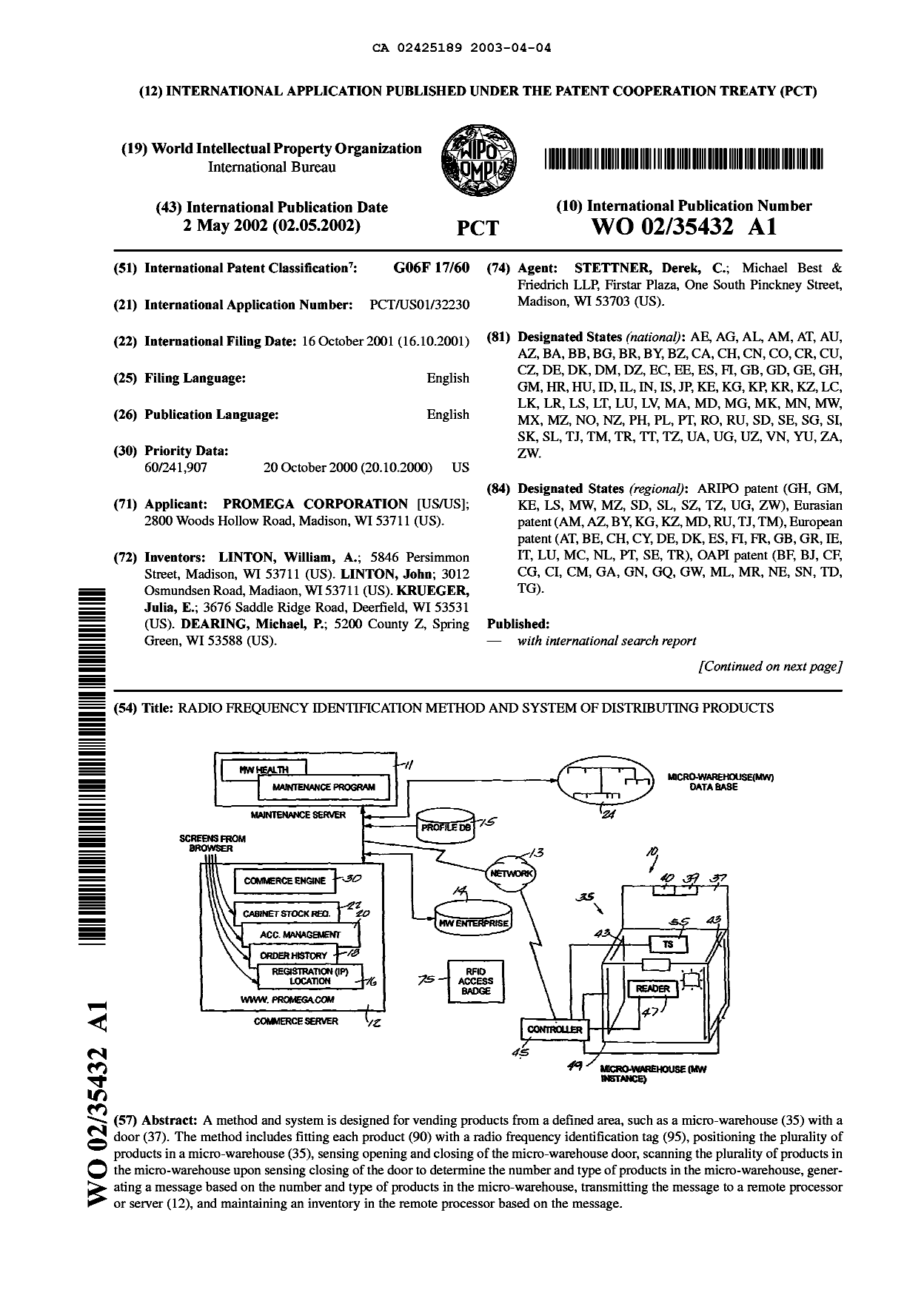 Document de brevet canadien 2425189. Abrégé 20030404. Image 1 de 2