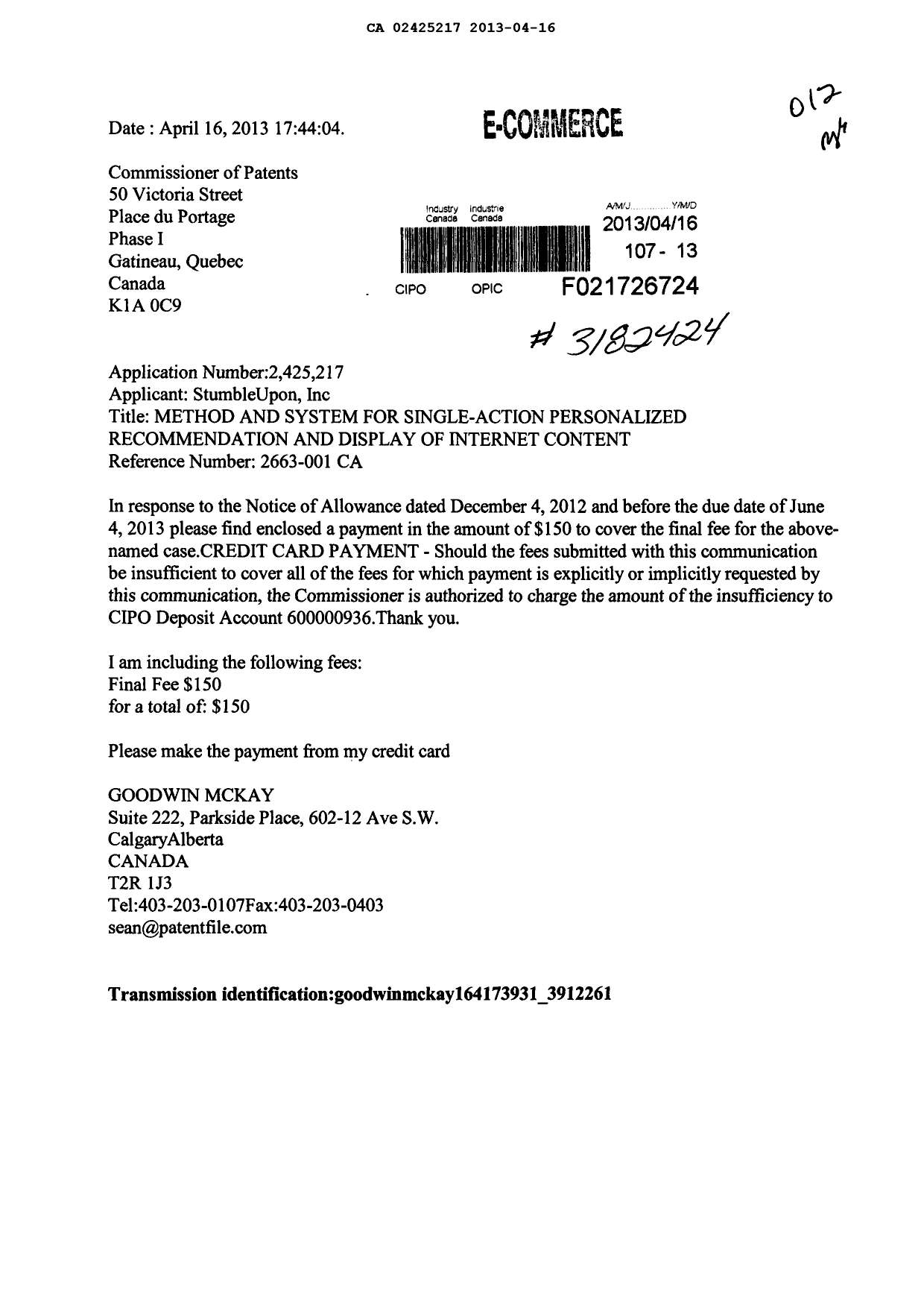 Document de brevet canadien 2425217. Correspondance 20130416. Image 1 de 1