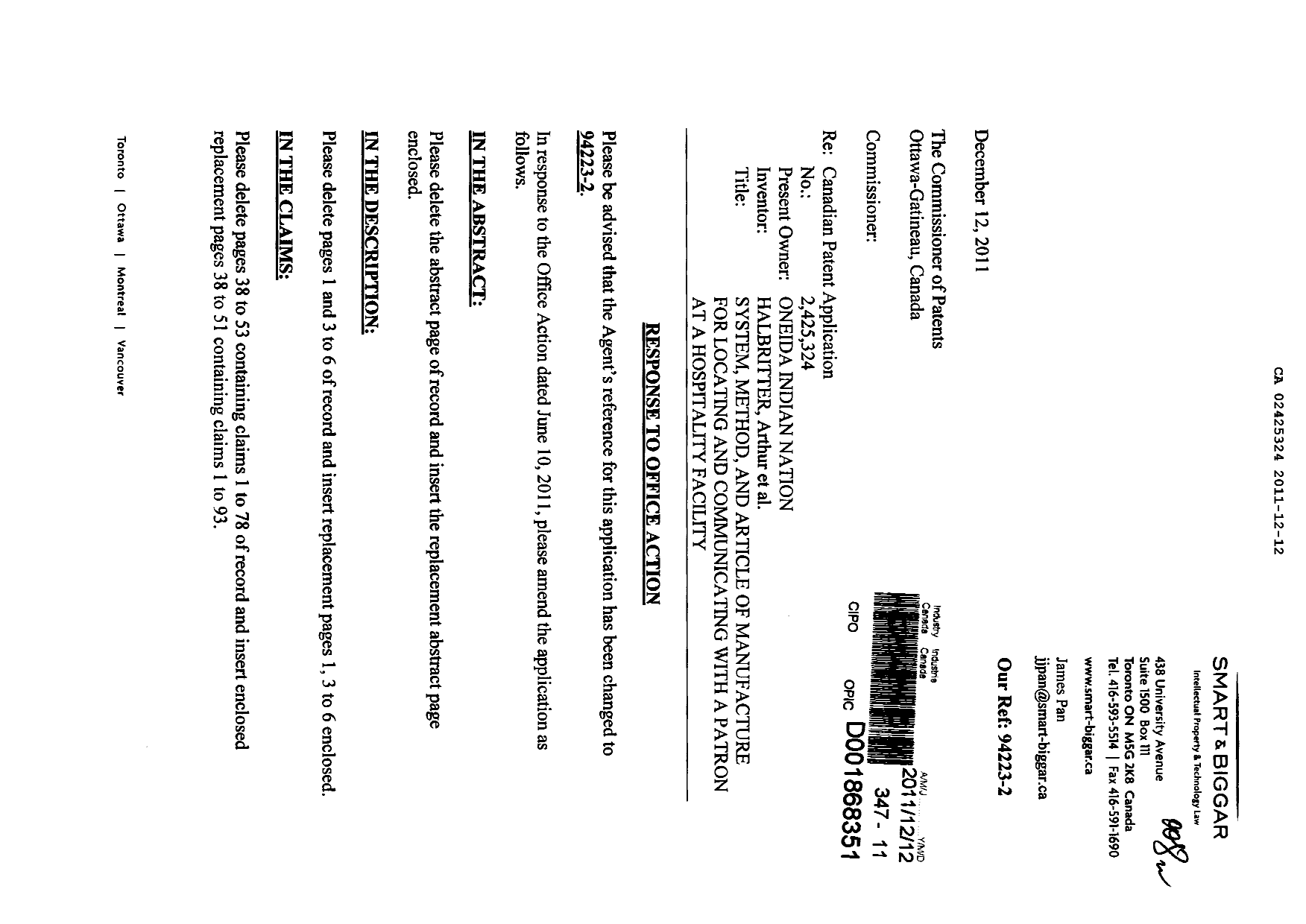 Document de brevet canadien 2425324. Poursuite-Amendment 20111212. Image 1 de 23