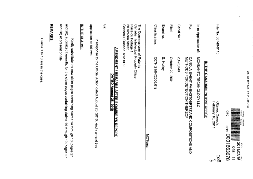 Document de brevet canadien 2425349. Poursuite-Amendment 20110216. Image 1 de 5