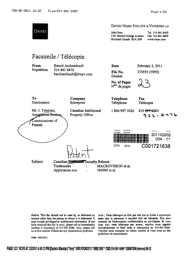 Document de brevet canadien 2425479. Cession 20110202. Image 23 de 23